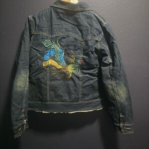 Embroidered Denim Jacket with Colorful Bird Design